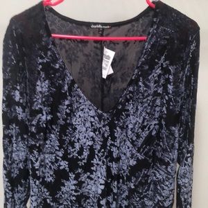 Black & gray velvety floral body suit w snaps. NWT